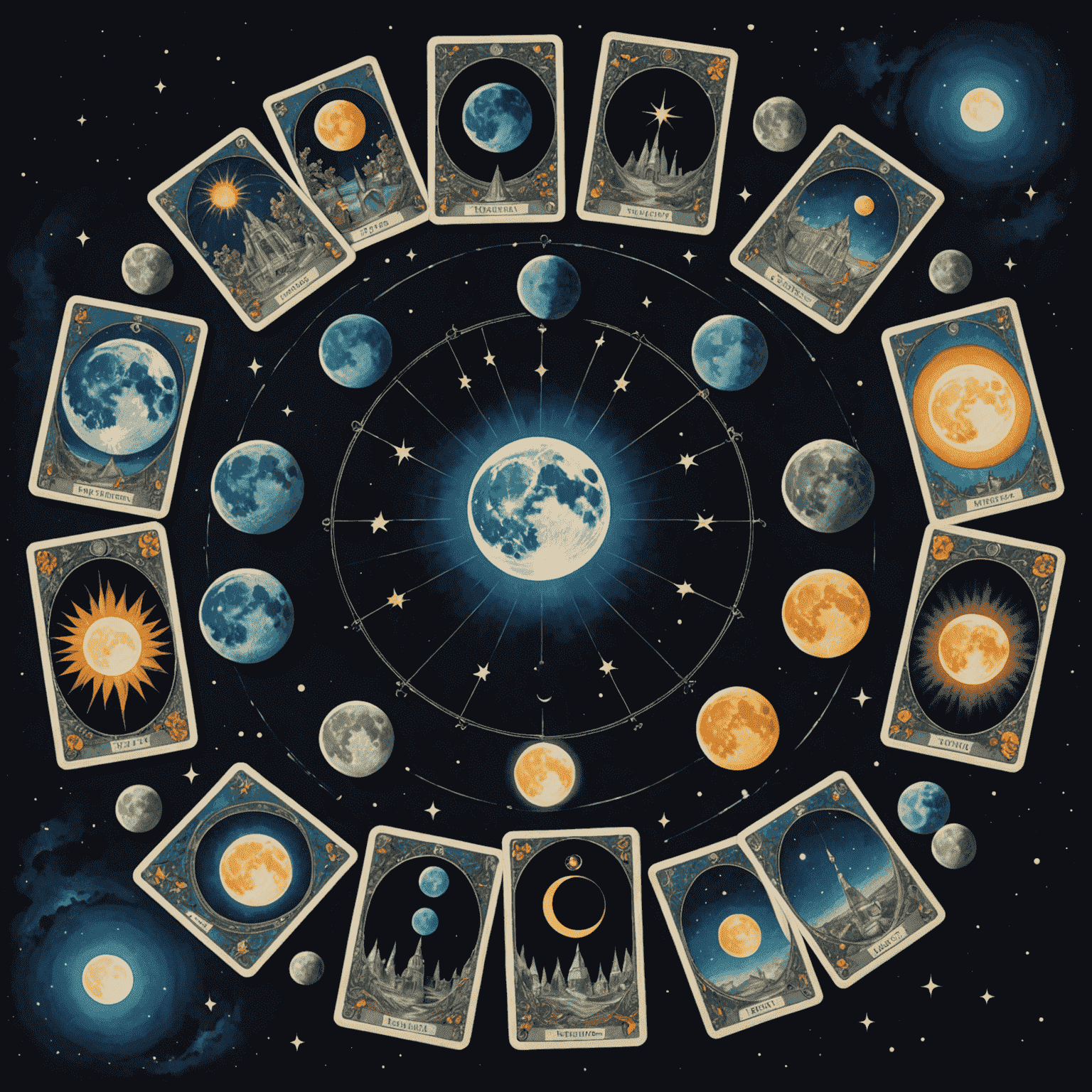 Illustrazione di diverse fasi lunari, ciascuna accompagnata da una diversa disposizione di carte dei tarocchi. Le carte sembrano brillare con un'aura mistica che cambia colore con ogni fase lunare.