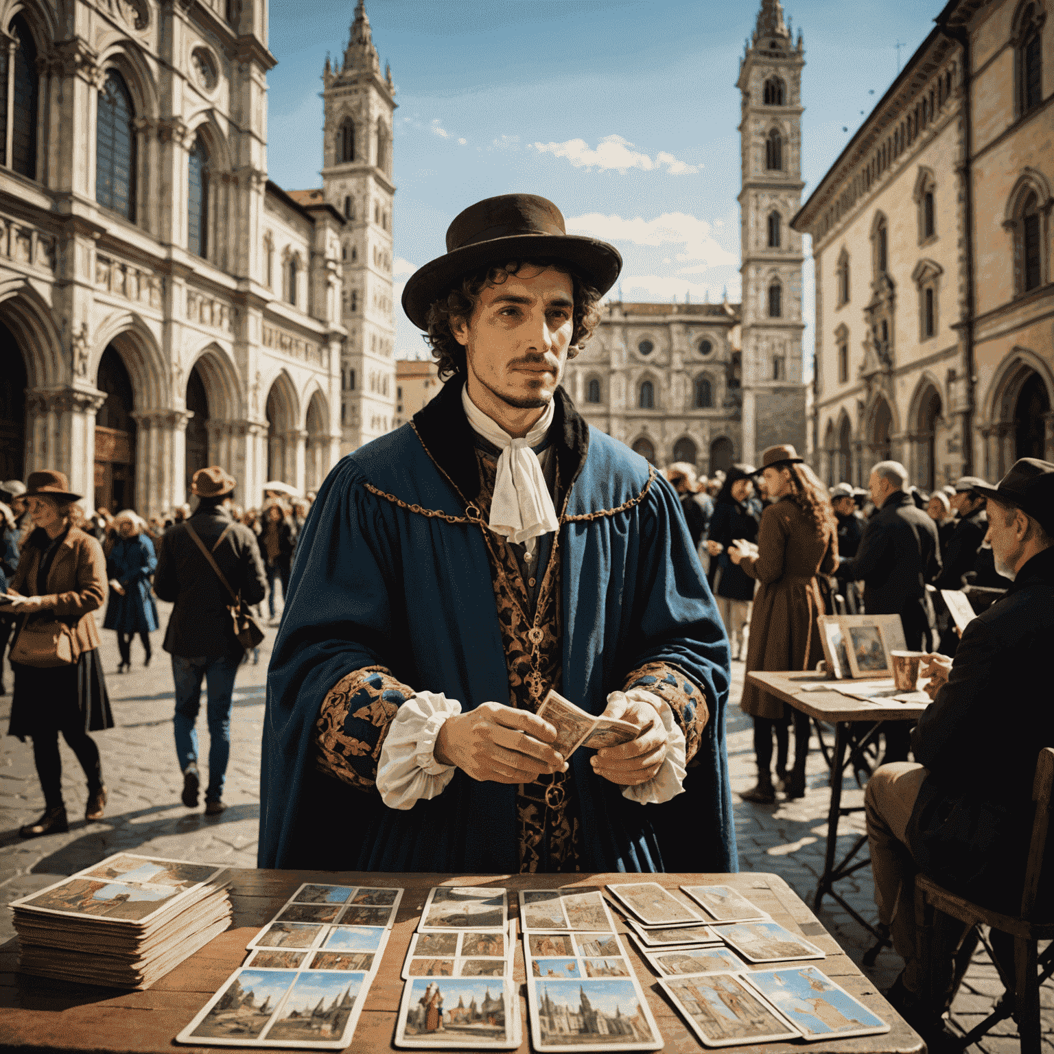 Un'immagine di un lettore di tarocchi in costume rinascimentale che interpreta le carte in una piazza fiorentina, con il Duomo sullo sfondo.